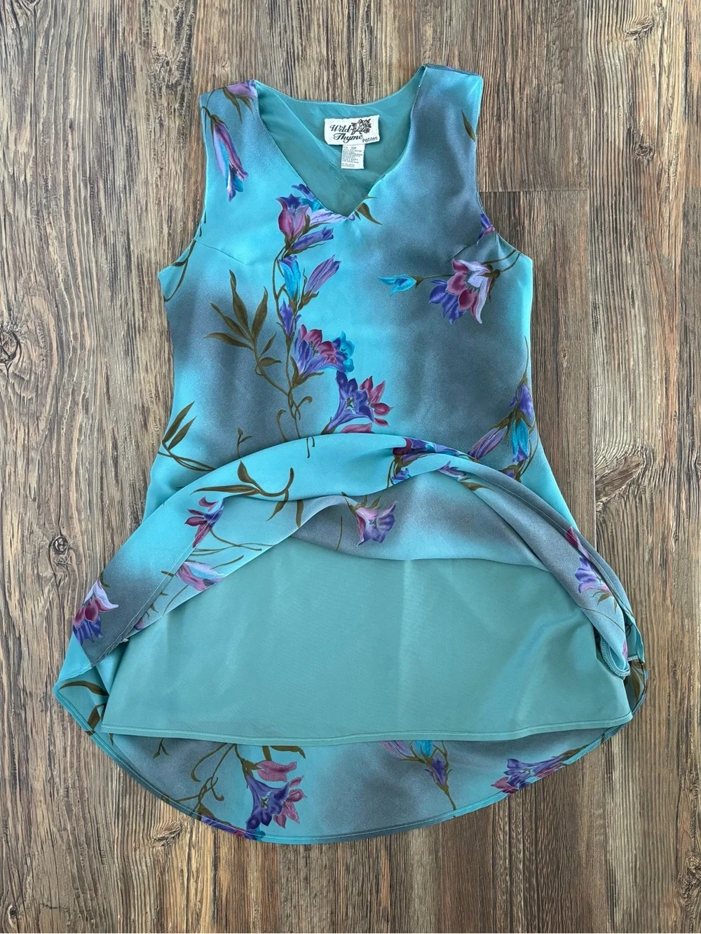Vtg Wild Thyme Petites Sleeveless V-Neck Dress 10P Aqua Blue Floral Watercolor